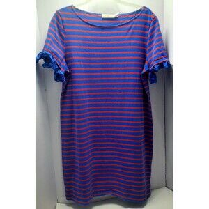 Tory Burch Blue Coral Orange Stripe Ruffle Sleeve Shift Dress XL Chic Summer EUC